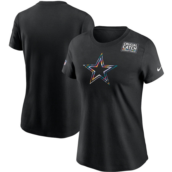 Women's Dallas Cowboys 2020 Black Sideline Crucial Catch Performance NFL T-Shirt(Run Small)